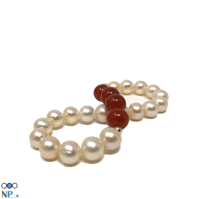 Bracelet de Pierres fines et perles de culture - Agate rouge et Perles d'eau douce de 7 à 8 mm plus billes or 18k